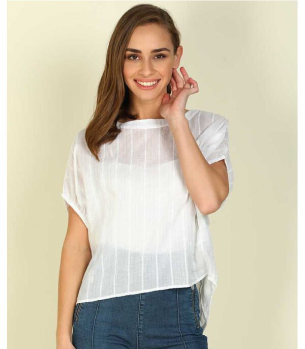 FM Casual Batwing Sleeve Striped Women White Top