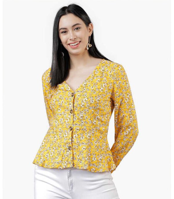 Casual Full Sleeve Printed Women Yellow Top