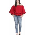 Casual Ruffled Sleeve Solid Women Maroon Top