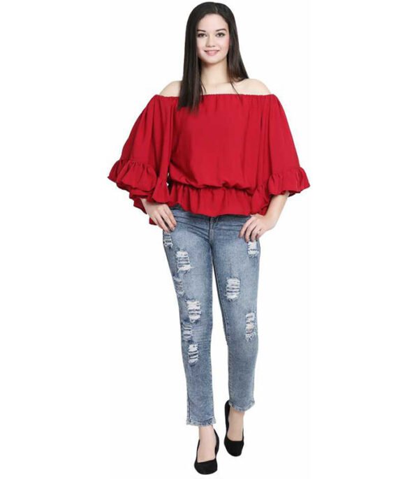 Casual Ruffled Sleeve Solid Women Maroon Top