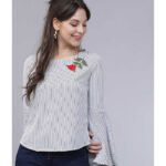 Casual Bell Sleeve Embroidered Women Multicolor Top