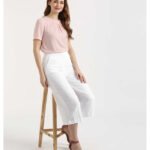 Relaxed Women White Cotton Linen Blend Trousers