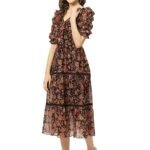 Women’s Black & Rust Orange Floral Print Tiered Midi Fit & Flare Dress with Ruffles