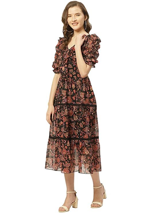 Women’s Black & Rust Orange Floral Print Tiered Midi Fit & Flare Dress with Ruffles