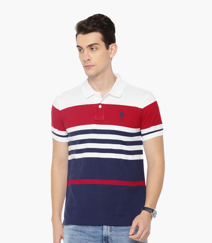 Men White & Navy Blue Striped Polo T-shirt