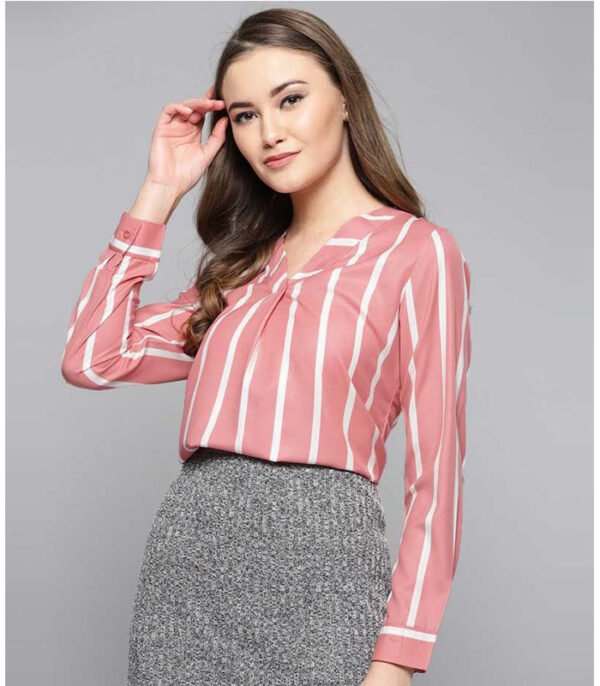 Casual Regular Sleeve Striped Women Pink Top