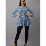 Casual Bell Sleeve Floral Print, Printed Women Light Blue Top