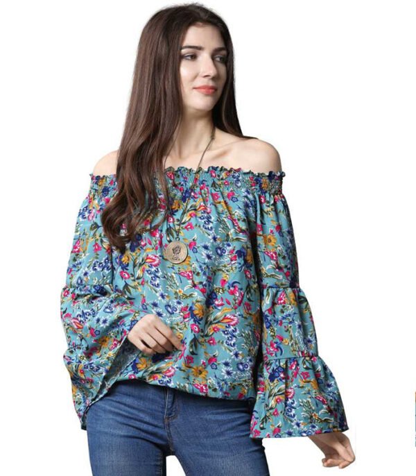 Casual Bell Sleeve Printed Women Multicolor Top